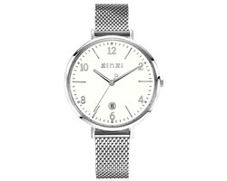 ZINZI horloge SOPHIE witte wijzerplaat met datum, stalen kast 38mm, stalen mesh band 14mm ZIW1406