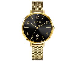 ZINZI horloge SOPHIE zwarte wijzerplaat met datum, goudkleurige kast 38mm, stalen mesh band 14mm ZIW1443