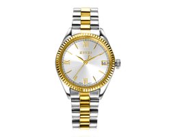 ZINZI Iconic horloge 30mm met datum, goudgekleurde gekartelde rand, zilverkleurige wijzerplaat en stalen bicolor schakelband ZIW2233
