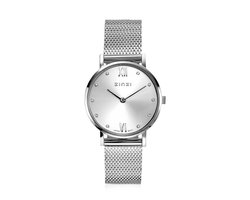 ZINZI Lady Crystal horloge zilvergekleurde wijzerplaat en kast stalen mesh band, witte crystals bij uuraanduiding, 28mm extra dun ZIW628M
