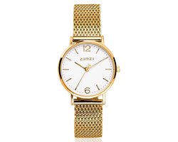 ZINZI Lady horloge witte wijzerplaat stalen kast geelgoudkleurig stalen mesh band geelgoudkleurig 28mm extra dun ZIW607M
