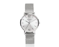 ZINZI Lady horloge zilvergekleurde wijzerplaat en kast stalen mesh band 28mm extra dun ZIW602M