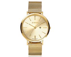 ZINZI Retro horloge goudkleurige wijzerplaat en goudkleurige stalen kast en stalen mesh band 38mm extra dun ZIW410M