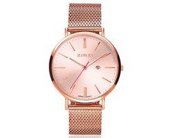 ZINZI Retro horloge roségoudkleurige wijzerplaat en kast stalen mesh band roségoudkleurig 38mm extra dun ZIW405M
