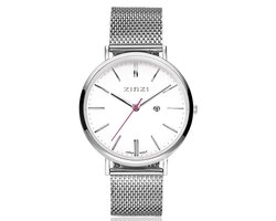 Zinzi Retro horloge witte wijzerplaat stalen kast zilvergekleurd stalen mesh band zilvergekleurd 38mm extra dun ZIW406M