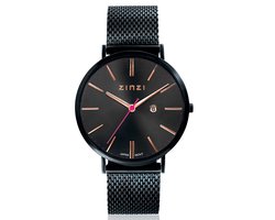 ZINZI Retro horloge zwarte wijzerplaat en zwarte stalen kast zwarte stalen mesh band 38mm extra dun ZIW409M