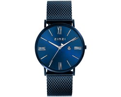 ZINZI Roman horloge blauwgekleurde wijzerplaat en kast met zilverkleurige wijzers blauwe stalen mesh band 34mm extra dun ZIW551M