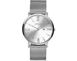 ZINZI Roman horloge zilvergekleurde wijzerplaat en kast stalen mesh band 34mm extra dun ZIW502M