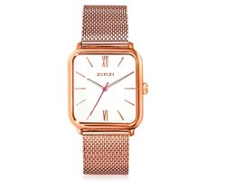 ZINZI Square Roman horloge witte wijzerplaat en rechthoekige roségoudkleurige kast stalen mesh band 32mm extra dun ZIW808M