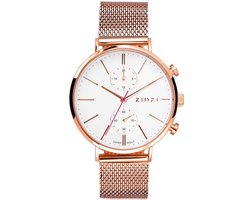 ZINZI Traveller horloge witte wijzerplaat en roségoudkleurige kast stalen mesh band roségoudkleurig 39mm dual time ZIW708M