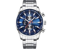 Curren Horloge - Zilverkleurig - Blauw - Heren - Analoog - Ø50mm - staal - Datumaanduiding - Stopwatch
