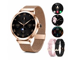 Golden Sound AMOLED Smartwatch Dames - 3 bandjes - Horloge dames - SOS noodfunctie - Stappenteller - Slaapmonitor - Saturatiemeter - 42mm - Geschikt alle smartphones en tablets