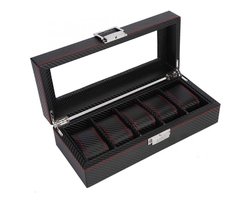 Luxe Horloge Doos – Opbergdoos – 6 Vakken – Sieradendoos – Kist – Ferrari - Carbon Fiber look – Verwijderbaar Kussens – Watch Box – Leder – Leer – Zwart - Rood