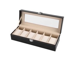 Luxe Horloge Doos – Opbergdoos – 6 Vakken – Sieradendoos – Kist – Fluwelen Voering – Verwijderbaar Kussens – Watch Box – Leder – Leer – Zwart