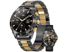 Royal Empire Amoled PRO Smartwatch - Smartwatch Heren - Stappenteller - Bloeddrukmeter - Hartslagmeter - Slaapmonitor - Multisport - 46MM - RVS en Leren bandje - Geschikt voor alle Smartphones - Kleur Zwart/goud