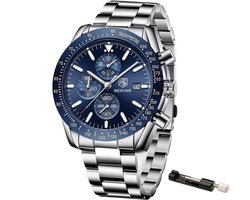 Stalen Heren Horloge - Chronograaf - Polshorloge - Verstel Tool - Blauw