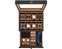 Uten 2 Niveaus Houten Horloge Doos - Horlogebox - Geschikt voor 8 Horloges - Sieradendoos - Brillendoos - Zwart en Bruin
