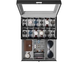 Uten 2 Niveaus PU Horloge Doos - Horlogebox - Geschikt voor 12 Horloges - Sieradendoos - Brillendoos - Grijs