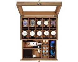 Uten Hout Sieraden Brillen Doos - Zonnebrillen Opbergdoos - Horlogebox - Sieradendoos - 1 Brillen - 10 Horloges - Brillen/Ketting/Ring/Oorbellen/ Horloge - Mannen & Heren - Bruin