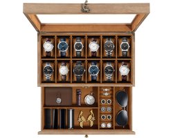 Uten Hout Sieraden Brillen Doos - Zonnebrillen Opbergdoos - Horlogebox - Sieradendoos - 1 Brillen - 12 Horloges - Brillen/Ketting/Ring/Oorbellen/ Horloge - Mannen & Heren - Bruin