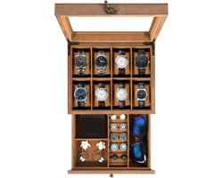 Uten Hout Sieraden Brillen Doos - Zonnebrillen Opbergdoos - Horlogebox - Sieradendoos - 1 Brillen - 8 Horloges - Brillen/Ketting/Ring/Oorbellen/ Horloge - Mannen & Heren - Bruin