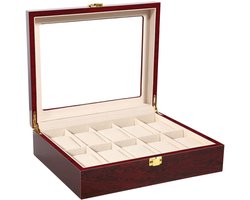 Uten Luxe Houten Horloge Doos - Horlogebox - Geschikt voor Heren en Dames - Horloge Opbergdoos - 10 Vakken - Hout Vintage Rood