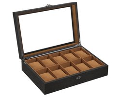 Uten Luxe Houten Horloge Doos - Horlogebox - Geschikt voor Heren en Dames - Horloge Opbergdoos - Glazen Deksel - 10 Vakken - Zwart en Bruin