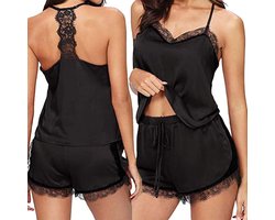 Allecto plus - Zwarte damespyjama set met kant en spaghettibandjes - Zomer nachtkleding - Sexy V-hals cami-top en shorts - Negligé sleepwear - Maat L