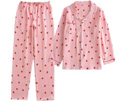 Allecto Premium - Pyjama Set voor Dames met Hartjes Print en Lange Mouwen in Kerstroze