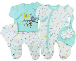 Babykleding Meisje / jongens- Babykleertje - Boxpakje - Print - 6-delig- Kraamcadeau - Jumpsuit Baby - Vogels afgedrukt - Mint - Met drukknoopjes - Maat 62