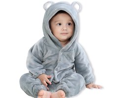 BoefieBoef Grijs Baby Berenpak 0-12 maanden – Zacht Flanel Winterpak - Warme Winter Onesie - Baby Romper met Beren Capuchon - Baby Jumpsuit voor Kinderen - Boxpakje - Pyjama voor Jongens en Meisjes – Kerst cadeau of Kraamcadeau - 1 jaar S
