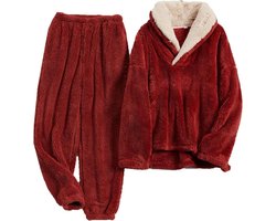 Nachtjapon en ochtendjas voor dames in koraalroze flanel, warme winter pyjama set met casual stijl.