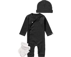 Noppies - KLEDINGSET (3delig) - Boxpak Nevis, Mutsje Nevel Grey Antraciet Grijs, met sokjes - Maat 62
