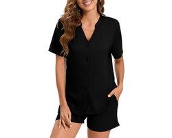 Pyjama dames katoen zomer met knopen aan de voorkant pyjama set korte mouwen V-hals en korte mouwen 2 stuks lichte huispyjama T-shirt pyjama