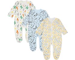Unisex Baby Romper Set van 3 Stuks, Comfortabele Rompers voor Jongens en Meisjes, Perfecte Pyjama's en Baby Kleding voor Peuters in Wit/Blauw/Geel