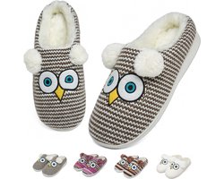 Geweo Home Sloffen - Pantoffels - Open Sloffen - Uil Antislip Warme Fleece Pantoffels - Unisex - Kerstmis - Kerstfeest - Christmas Gift  - Bruin - Maat 39/40