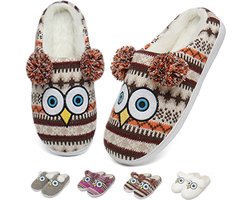 Geweo Home Sloffen - Pantoffels - Open Sloffen - Uil Antislip Warme Fleece Pantoffels - Unisex - Kerstmis - Kerstfeest - Christmas Gift  - kastanjebruin - Maat 39/40