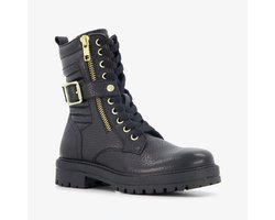 Braqeez leren meisjes veterboots zwart - Maat 36 - Uitneembare zool