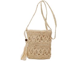 Bohemian Stro Tas Dames met Ritssluiting - Rieten Schoudertas met Bloemenprint & Kwastje - Lichtgewicht Zomertas voor Strand, Festival, Vakantie & Outdoor - Trendy Boho Stijl - Casual - Beige