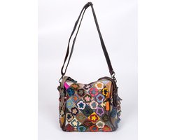 Boho Ibiza schoudertas van patchwork gekleurde stukjes leer model  " Ebysos " by Viabologna.nl