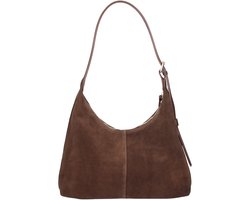 Bruine Suede Schoudertas Leer Hengsel - Trendy Suede Dames Tassen - Leren Afwerking - Goud Beslag - Italiaans Leer - Bruin
