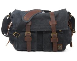 Canvas Messenger Bag, Vintage Echt Lederen Schoudertas, Grote Crossbody Satchel Portemonnee Laptoptas