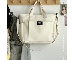 Canvas Schoudertas Wit – Grote Capaciteit Tote – Laptop – Casual Schooltas & Werktas