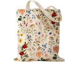 Canvas Tas Dames - Botanische Tote Bag met Bloemenprint - Vintage Katoenen Shopper - Herbruikbare Boodschappentas voor School, Werk en Strand - Crème met Bloemen en Vlinders
