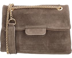 Charm London Anna Schoudertas - Crossbody - Ketting - Suede - Overslag - Goud - Leren Dames Tas - Donkertaupe