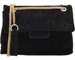 Charm London Anna Schoudertas - Crossbody - Ketting - Suede - Overslag - Goud - Leren Dames Tas - Zwart