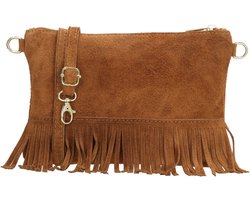 Charm London Elisa Schoudertas - Crossbody - Suede - Franjes - Leer - Leren Dames Tas - Cognac
