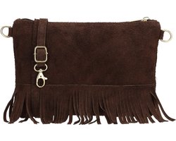 Charm London Elisa Schoudertas - Crossbody - Suede - Franjes - Leer - Leren Dames Tas - Donkerbruin