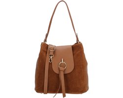 Charm London Mariëlle Schoudertas - Shopper - Suede en Leer - Overslag - Ritssluiting - Verstelbare Band - Dames - Leren Dames Tas - Cognac