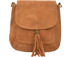 Cognac Suède Schoudertas Tassle - Suède Boho Hobo Schoudertassen - Italiaans Leder - Tas met Kwastje - Cognac